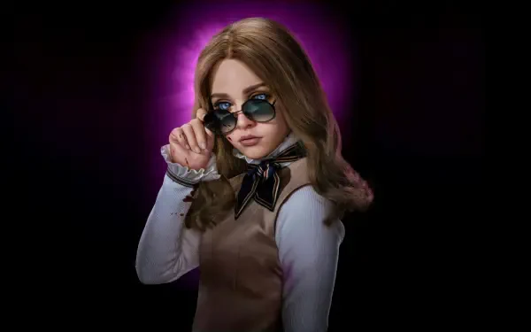M3GAN 2.0: stylized doll-like android in sunglasses and school uniform, purple halo glow behind her — 4K Ultra HD PC desktop wallpaper and background.
