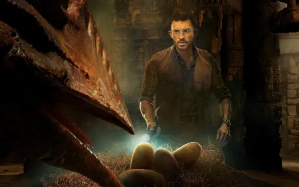 Jurassic World Rebirth 4K Ultra HD PC desktop wallpaper: tense hatchery scene with a man watching glowing dinosaur eggs as a raptor peers over them.