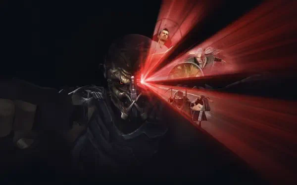 Predator Killer of Killers stalking in darkness, red targeting lasers sweeping across fleeing figures — 4K Ultra HD PC desktop wallpaper/background.