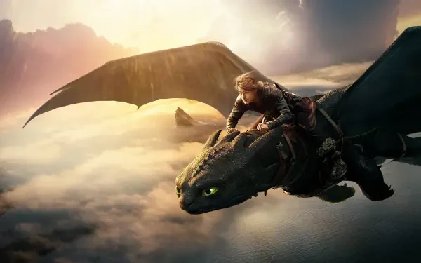 Hiccup riding Toothless over sunlit clouds at sunrise — How to Train Your Dragon (2025) 4K Ultra HD PC desktop wallpaper/background.