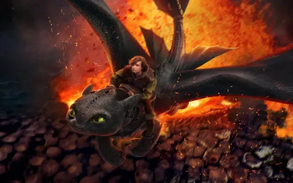 How to Train Your Dragon (2025) 4K Ultra HD PC desktop wallpaper and background: a rider on a black dragon with glowing green eyes swoops over molten, fiery ruins.