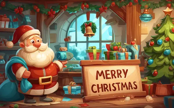 Cartoon Santa Claus in a cozy workshop with gifts, a Christmas tree and a Merry Christmas sign — 2K Quad HD PC desktop wallpaper/background.