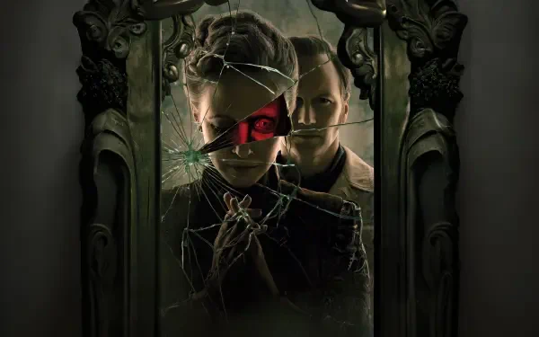 The Conjuring: Last Rites 4K Ultra HD PC wallpaper and background — shattered antique mirror reflecting two ominous figures, one with red-stained eye, in a dark gothic frame and greenish light.