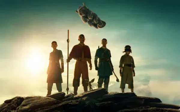 Avatar: The Last Airbender 4K Ultra HD PC desktop wallpaper — Aang and three companions stand on a cliff, Appa flying above against a golden sunrise.