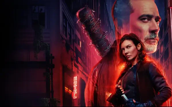 The Walking Dead: Dead City 4K Ultra HD PC wallpaper: two wary survivors back-to-back amid a neon-lit ruined city, a barbed-wire baseball bat silhouette and smoldering red glow.