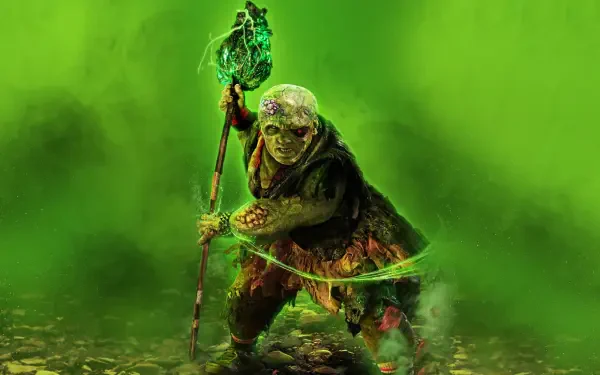 The Toxic Avenger emerges from neon-green mist, clutching a staff above a toxic puddle — 4K Ultra HD PC desktop wallpaper and background.