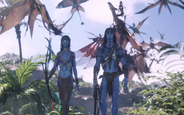 Avatar: Fire and Ash 4K Ultra HD PC wallpaper — two blue Na'vi figures stride through a sunlit jungle while winged creatures soar overhead, cinematic mist and lush foliage.