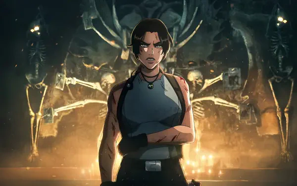 Lara Croft from Tomb Raider: The Legend of Lara Croft stands with arms crossed before a torchlit ancient shrine — 4K Ultra HD PC wallpaper.