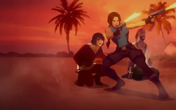 HD PC desktop wallpaper and background: Tomb Raider — The Legend of Lara Croft featuring Lara Croft aiming a pistol at sunset on a palm‑lined beach with two companions.