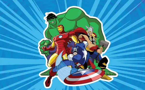 Cartoon of The Avengers: Earth's Mightiest Heroes — Hulk, Iron Man, Thor and Captain America on a blue radial burst, 4K Ultra HD PC desktop wallpaper and background.