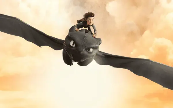 Dragons: Riders of Berk 4K Ultra HD PC desktop wallpaper and background of Hiccup riding Toothless, soaring through golden clouds.