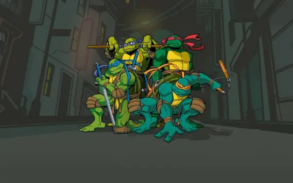 Teenage Mutant Ninja Turtles (2003) HD PC desktop wallpaper: Leonardo, Donatello, Michelangelo and Raphael pose together in a dim city alley with weapons ready.