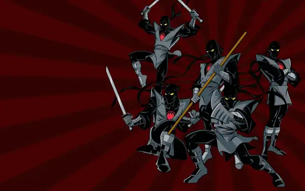 Teenage Mutant Ninja Turtles (2003) HD PC desktop wallpaper: four black‑clad ninjas wielding swords and a bo staff posed against a red radial background.