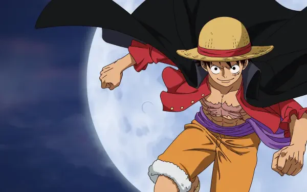 One Piece 4K Ultra HD PC desktop wallpaper and background: Monkey D. Luffy in his straw hat and open red shirt, cape billowing as he leaps before a glowing full moon.