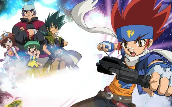 Beyblade: Metal Fusion HD PC desktop wallpaper featuring the main blader with a launcher in the foreground and teammates behind against a cosmic, colorful background.