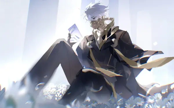 To Be Hero X HD PC Desktop Wallpaper and Background: white-haired figure in gold-trimmed coat sits among glowing flowers, holding a card as shafts of light stream down.