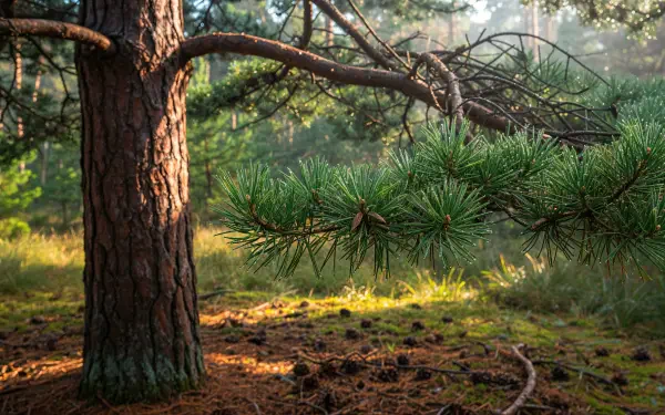 Sunlit pine trunk and low branch over a mossy forest floor with scattered cones, 4K Ultra HD PC desktop wallpaper and background.