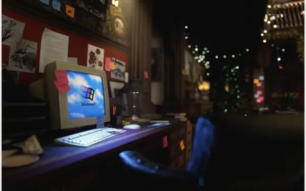 4K Ultra HD PC desktop wallpaper: dim desk with CRT computer monitor showing Windows 98 logo, glowing keyboard, sticky notes and blurred city night bokeh.