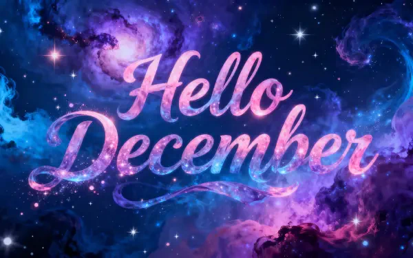 4K Ultra HD PC desktop wallpaper featuring Hello December in pink script over a vivid purple-blue cosmic nebula, dotted with stars and glowing swirls.