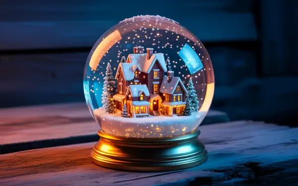 4K Ultra HD PC desktop wallpaper: glowing snow globe on a wooden surface, miniature illuminated house and falling snow under a crystal dome, warm lights against a cool blue background.