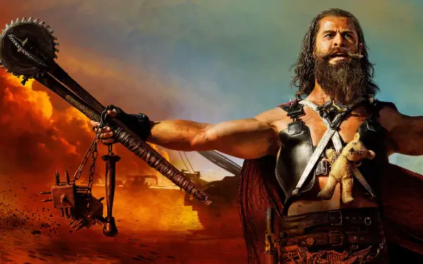 Furiosa: A Mad Max Saga 4K Ultra HD PC wallpaper — rugged bearded warrior in leather armor holding a spiked chain weapon against a burning desert sky.