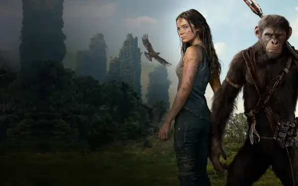 Kingdom of the Planet of the Apes 4K Ultra HD PC wallpaper: a woman and an armed ape stand in a misty jungle with towering rock pillars and circling birds.