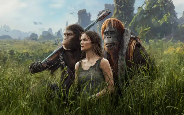 Woman and two apes wading through tall grass with ruined towers on the horizon — Kingdom of the Planet of the Apes 4K Ultra HD PC desktop wallpaper/background