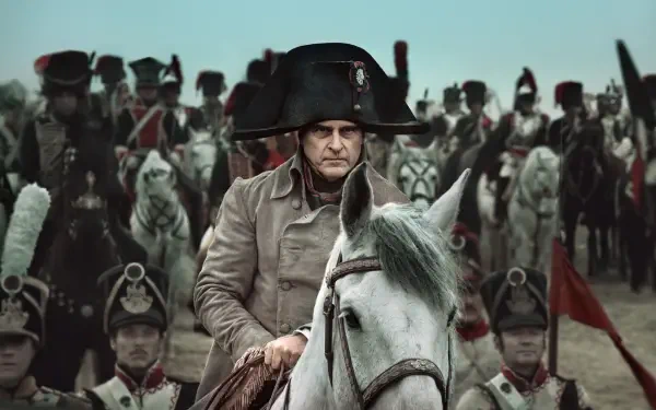 4K Ultra HD PC desktop wallpaper of a Napoleon-era commander in a bicorne hat on a white horse, leading ranks of soldiers under a gray sky.
