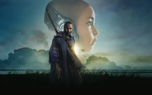 The Creator (2023) 4K Ultra HD PC desktop wallpaper: cloaked man with a glowing chest stands in misty grass as a giant woman's profile looms across a pale dawn sky.