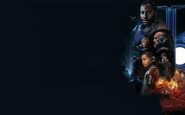 The Creator (2023) 4K Ultra HD PC desktop wallpaper/background: dark left space with a vertical cluster of futuristic characters, soldiers and a burning cityscape on the right.