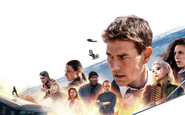 4K Ultra HD PC desktop wallpaper for Mission: Impossible - Dead Reckoning Part One: close-up of the lead agent and ensemble cast amid action, helicopters, and explosions.