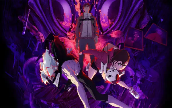 Dandadan 4K Ultra HD PC desktop wallpaper/background: two protagonists and a masked figure leap through swirling purple-red energy beneath looming eyes.