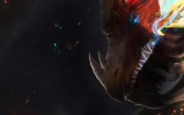 Fiery dragon head from The Dragon Prince against a star-speckled dark void; vivid flames and scales, 2K Quad HD PC desktop wallpaper and background.