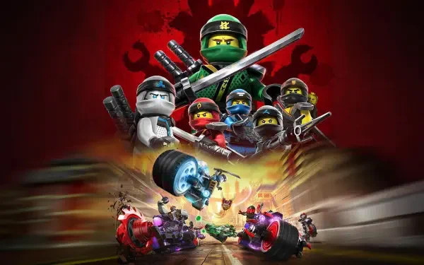 Ninjago HD PC desktop wallpaper/background showing LEGO ninjas brandishing swords and weapons above speeding battle vehicles on a dramatic red backdrop.