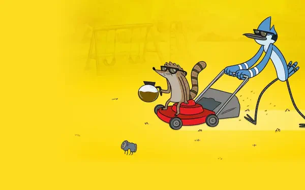 Regular Show 4K Ultra HD PC desktop wallpaper: Mordecai pushes a lawnmower while Rigby sips coffee, both on a wide, bright yellow background.