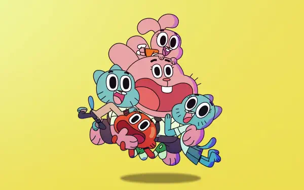 The Amazing World of Gumball 4K Ultra HD PC desktop wallpaper/background showing Gumball, Darwin, Anais and family piled together, smiling on a bright yellow background.