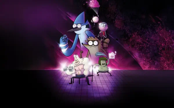 HD PC desktop wallpaper of Regular Show featuring Mordecai, Rigby and friends glowing in a neon purple-pink cosmic scene.