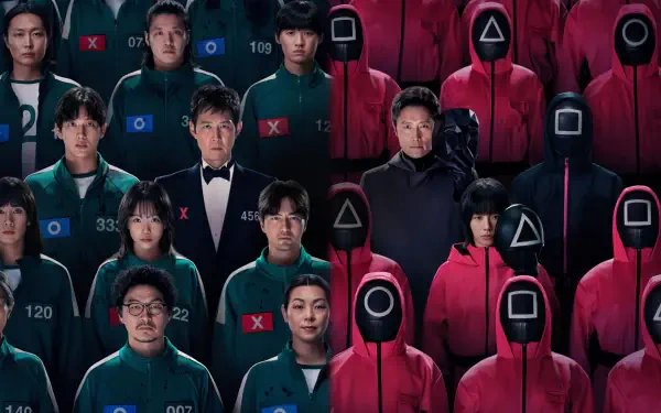 Squid Game 2K Quad HD PC desktop wallpaper — green‑tracksuit contestants and red‑hooded guards with circle, triangle, square masks on a dark background.