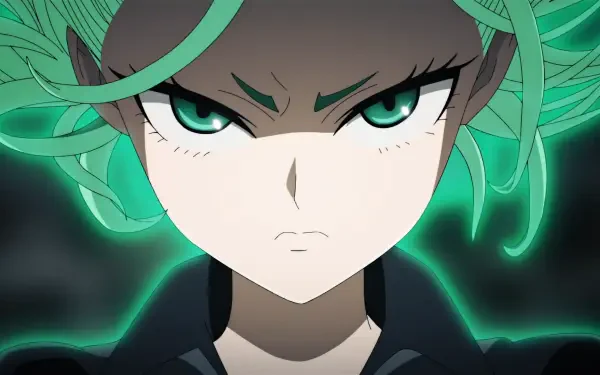HD PC anime wallpaper: close-up of Tatsumaki (One-Punch Man) / Ruri Dragon with glowing teal hair, intense stare and a swirling psychic aura.