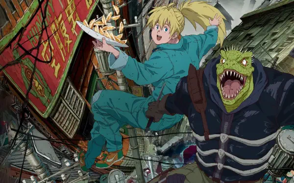 Dorohedoro HD PC desktop wallpaper and background — Nikaido and lizard-headed Caiman leap through a grimy alley of neon signs, twisted pipes and scattered debris.