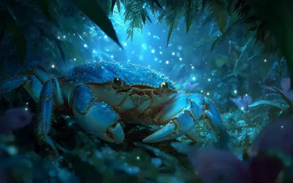 AI Art 2K Quad HD PC desktop wallpaper: a luminous blue crab (animal) nestled in a leafy cave, surrounded by glowing bioluminescent motes.