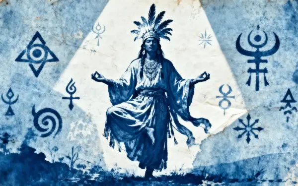 Blue-toned mystical shaman in a feathered headdress levitating amid tribal symbols — 4K Ultra HD PC desktop wallpaper/background.