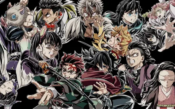HD PC desktop wallpaper of anime Demon Slayer: Kimetsu no Yaiba — Demon Slayer: Kimetsu No Yaiba - The Movie: Infinity Castle, ensemble of characters in intense battle poses.