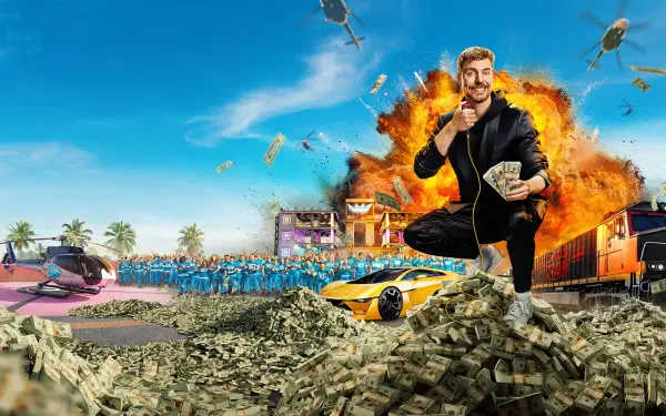 HD PC desktop wallpaper of the Beast Games TV show: host crouching atop a pile of cash amid cars, explosions and cameras on a flashy challenge set beneath a bright blue sky.