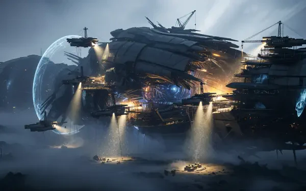 4K Ultra HD PC Desktop Wallpaper and Background: colossal sci-fi mothership hovers over foggy landing pads, glowing lights and a distant planet.