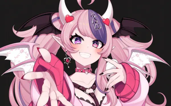 HD PC desktop wallpaper featuring Virtual YouTuber Ironmouse: pink-haired anime girl with horns, bat wings and violet eyes, reaching forward with an inviting, playful smile