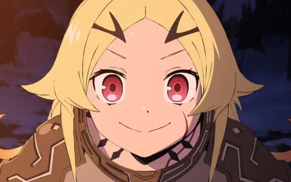 Anime HD PC desktop wallpaper of Teoritta from Sentenced to Be a Hero — close-up smiling face with pink eyes, blonde hair and armored collar at dusk.