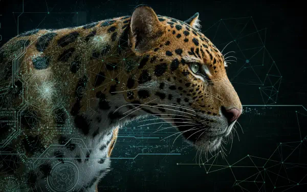 Close-up profile of a jaguar with glowing digital circuitry and geometric overlays, high-detail 4K Ultra HD PC desktop wallpaper and background.