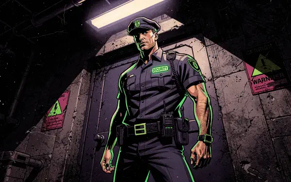 Security guard in stylized comic art with neon-green accents, posed in a grim industrial doorway framed by warning signs — 4K Ultra HD PC desktop wallpaper and background.