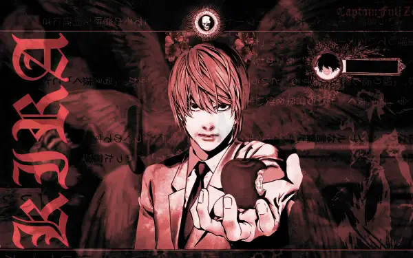 Retro anime Death Note 2K Quad HD PC wallpaper: Light Yagami as Kira reaches toward viewer, dark red tones, shadowy wings and cryptic symbols.